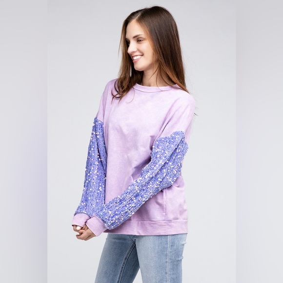 BiBi Mineral Washed Checkered Round Neck Denim Top